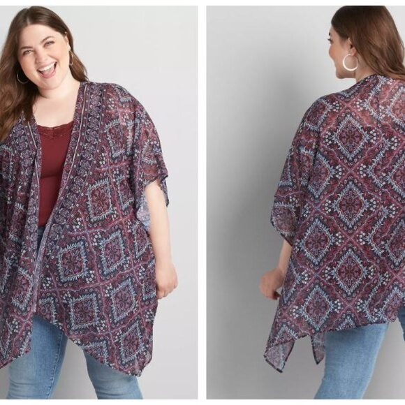 Lane Bryant Medium-Sleeve Chiffon Overpiece OneSize Patterned Blue Pink Plus - Picture 1 of 6